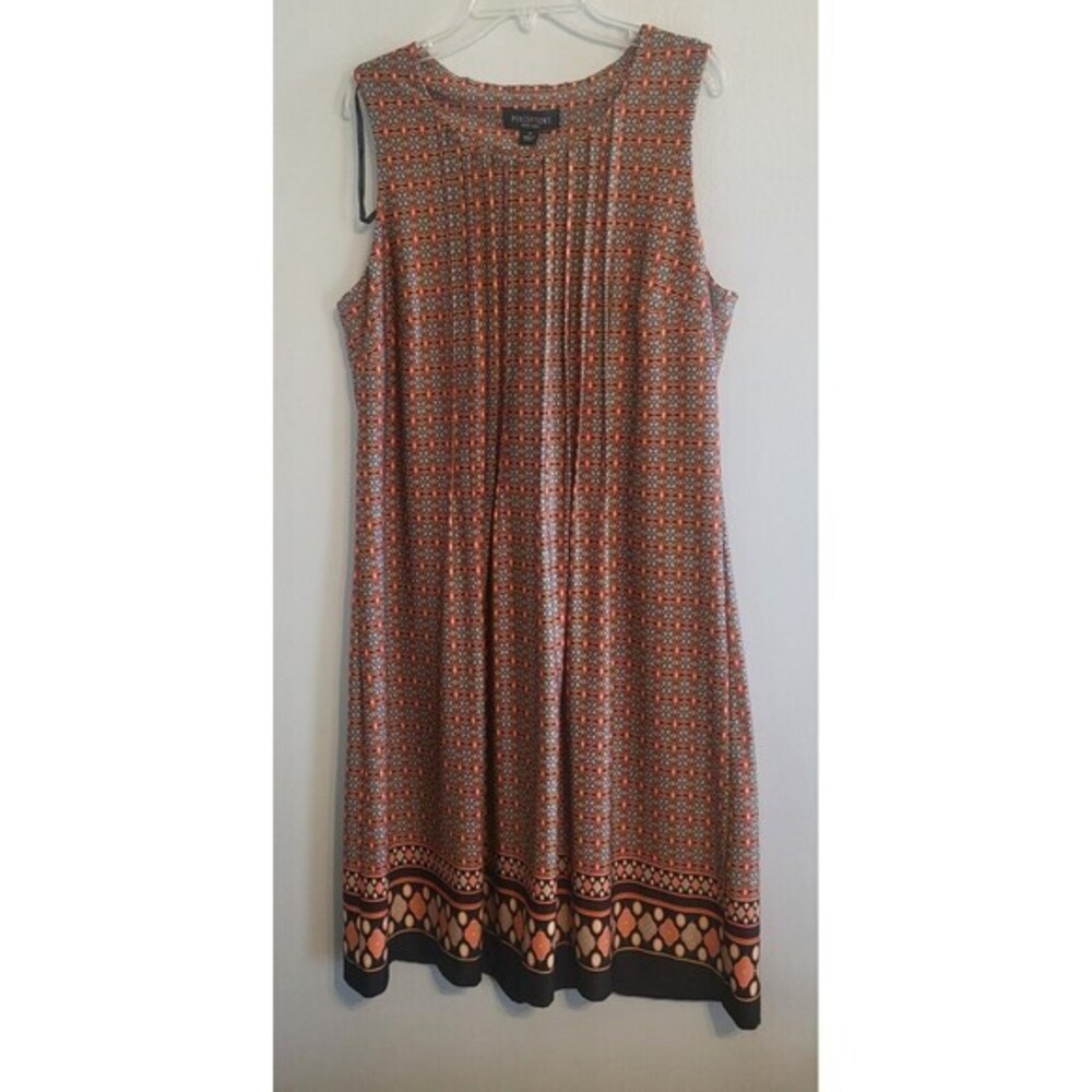 NWOT Perceptions Womens ALine Dress 14 Orange Black Pleated Stretch ‎ Sleeveless